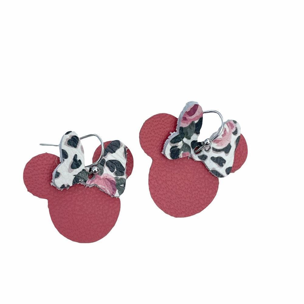 Pink mouse animal print bow earrings￼​